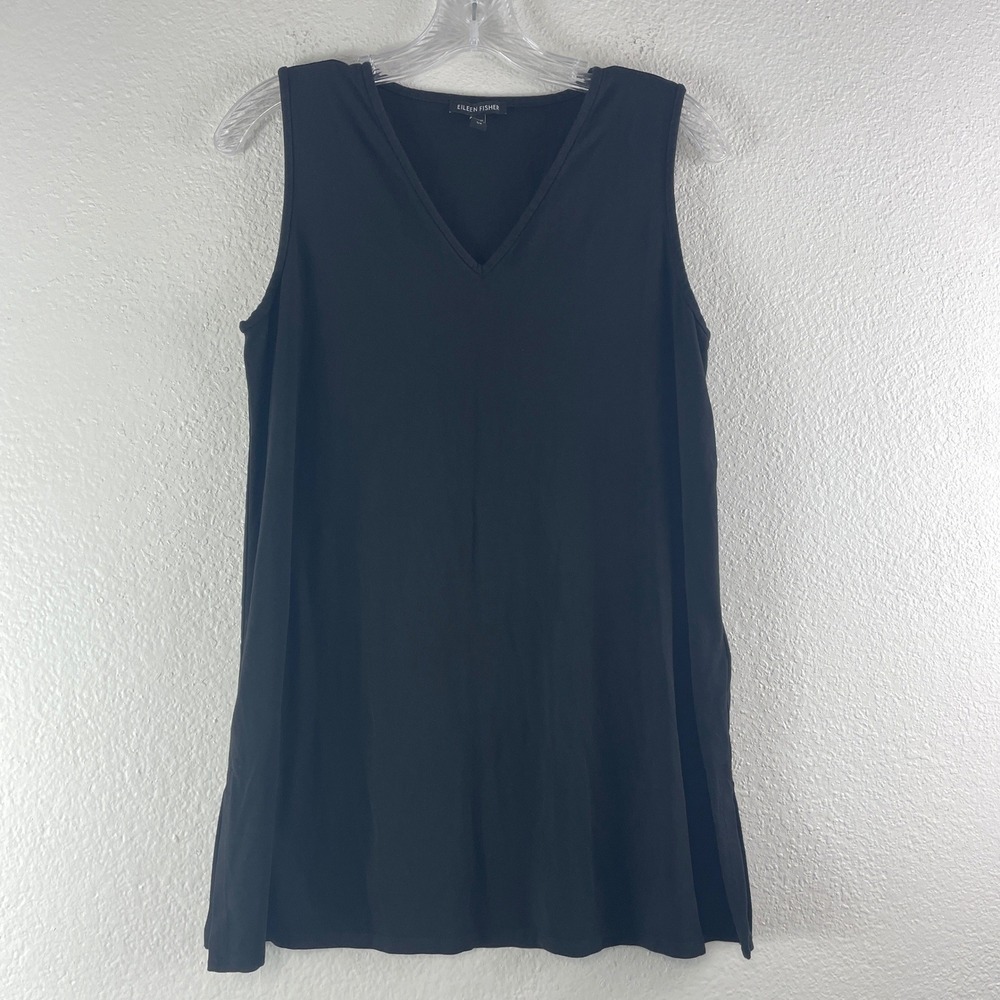 Eileen Fisher V-Neck Sleeveless Tunic Tank Top S Black Minimalist Quiet Luxury